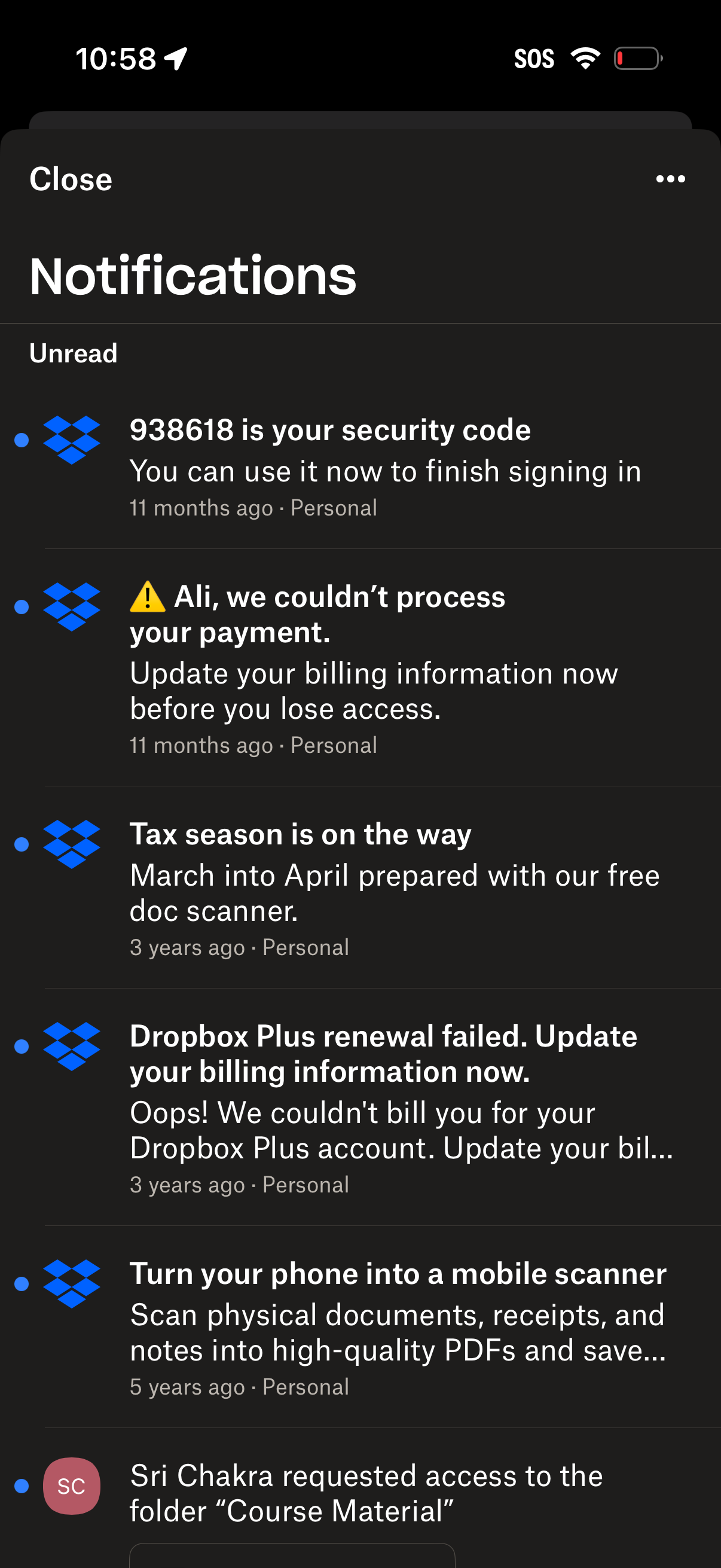 dropbox notifications screenshot